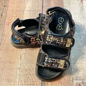 Exe Multi-Color Tweed Turn-Lock Platform Sandals Women Size 37 Black Gold Accent